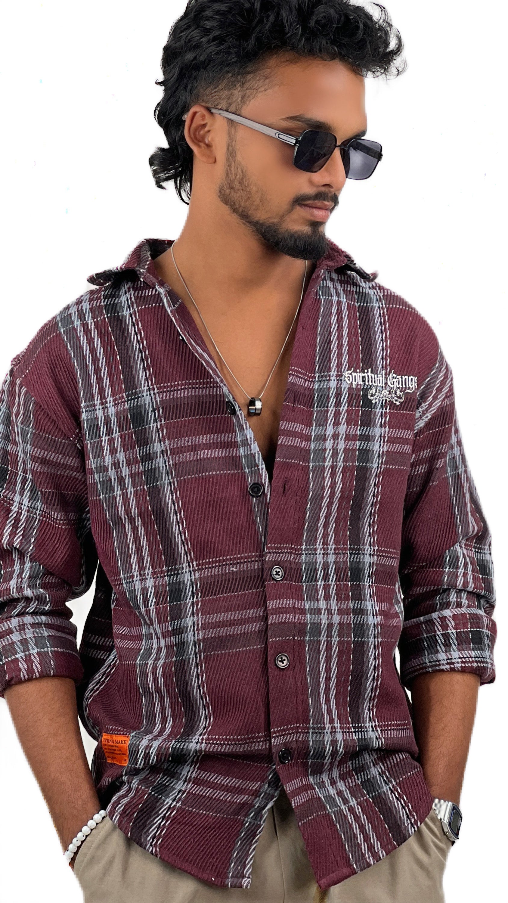 RIBBED BRUSH CHECKED SHIRT-WINE GREY