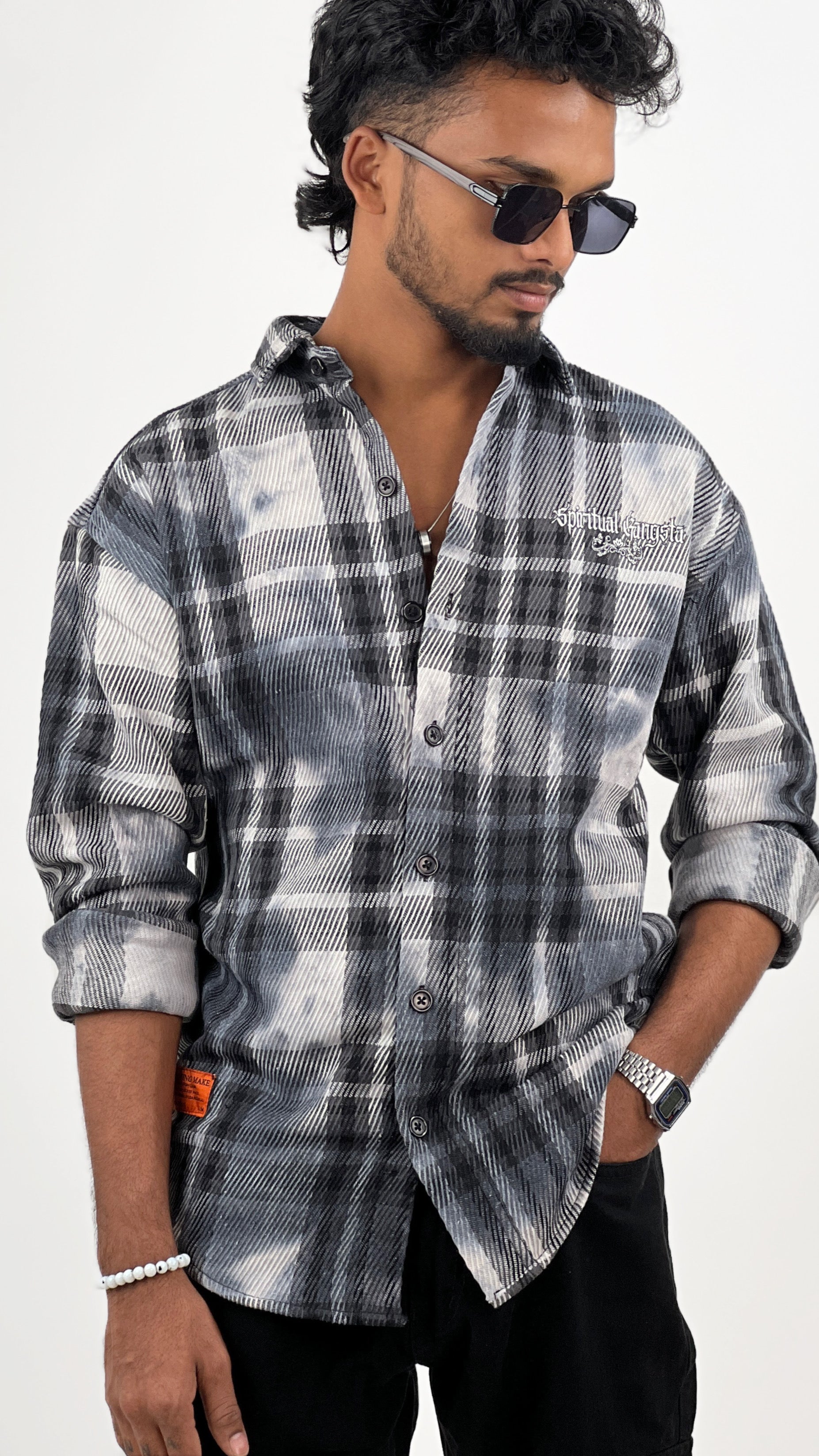 RIBBED BRUSH CHECKED SHIRT-CREAM BLACK