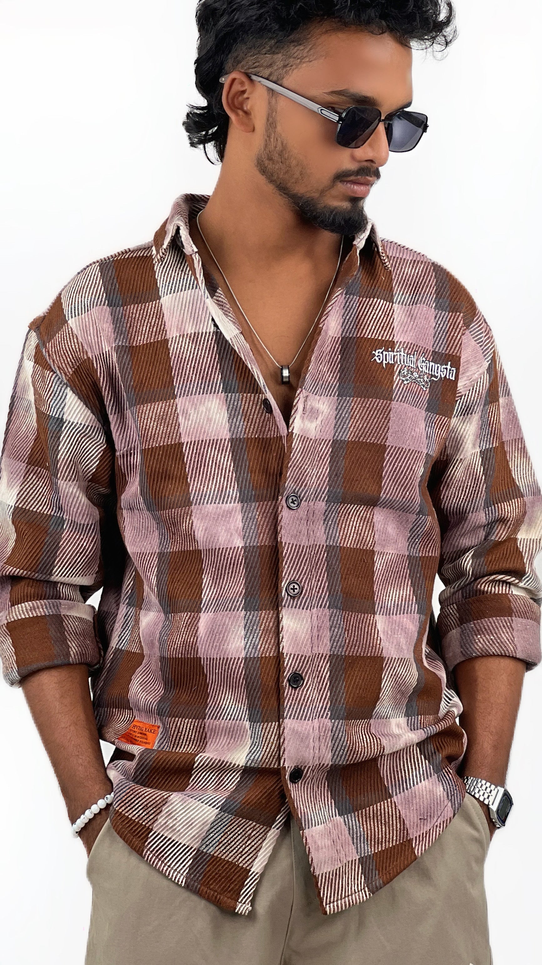 RIBBED BRUSH CHECKED SHIRT-BROWN