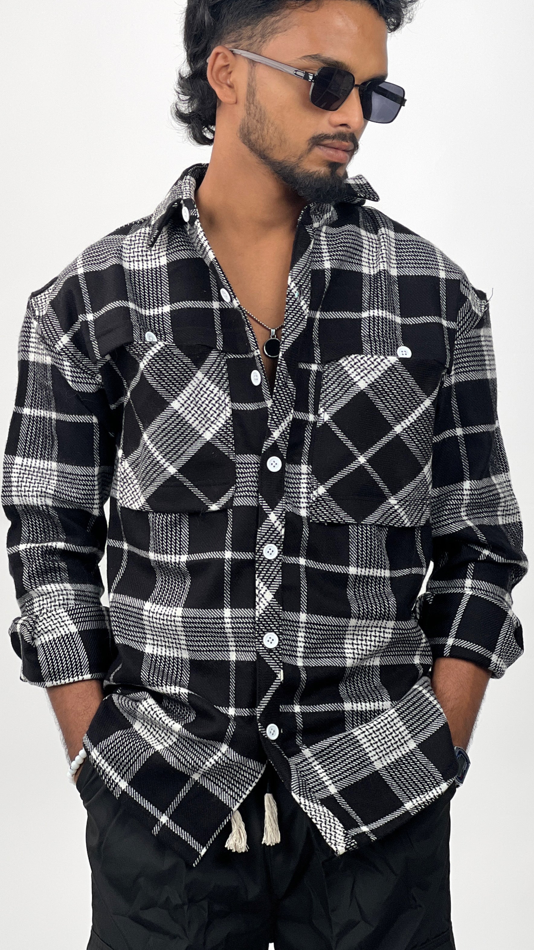 PRINTED BRUSH CHECKED SHIRT-BLACK WHITE