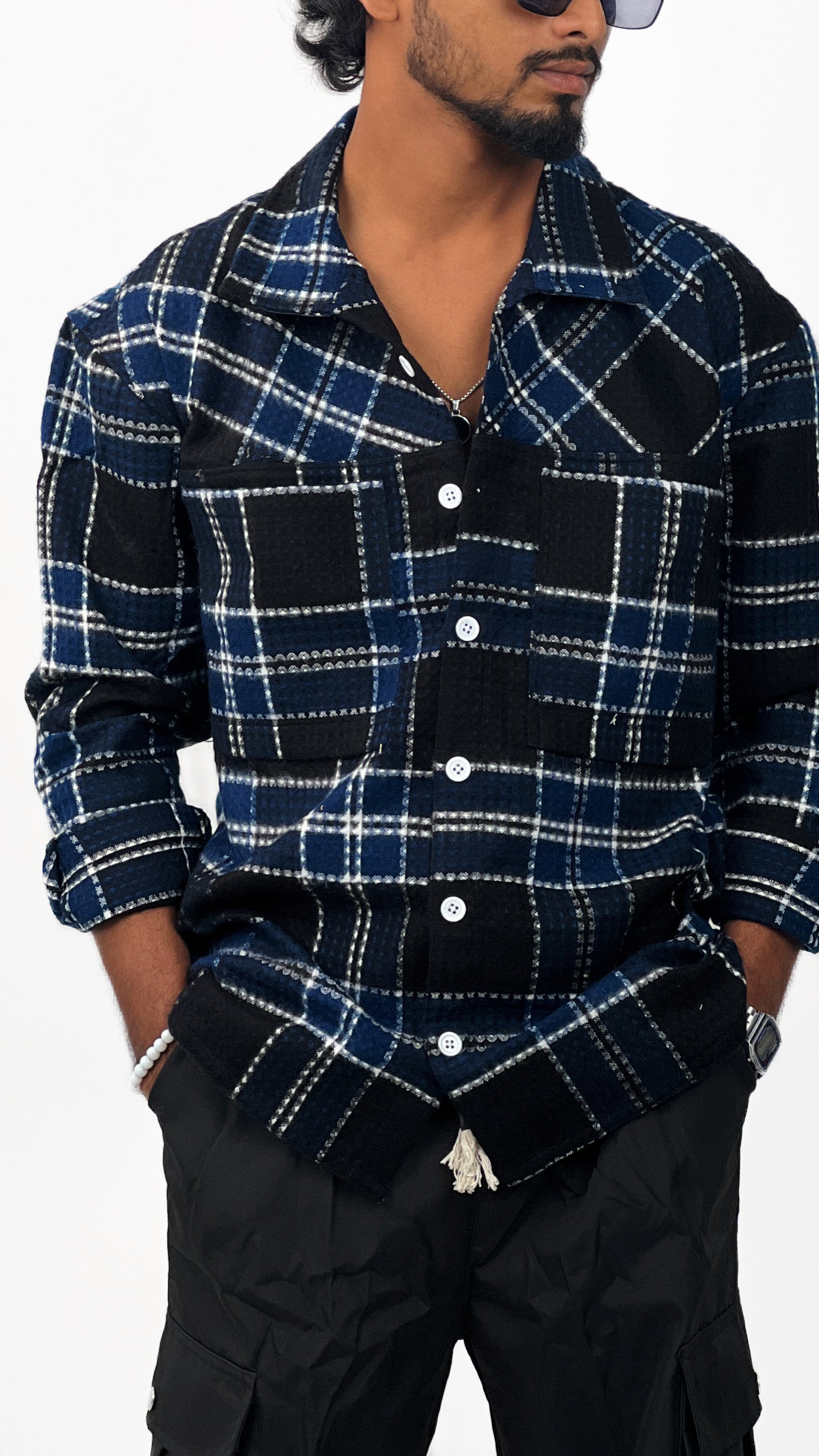 PRINTED BRUSH CHECKED SHIRT-PERSIAN BLUE,BLACK