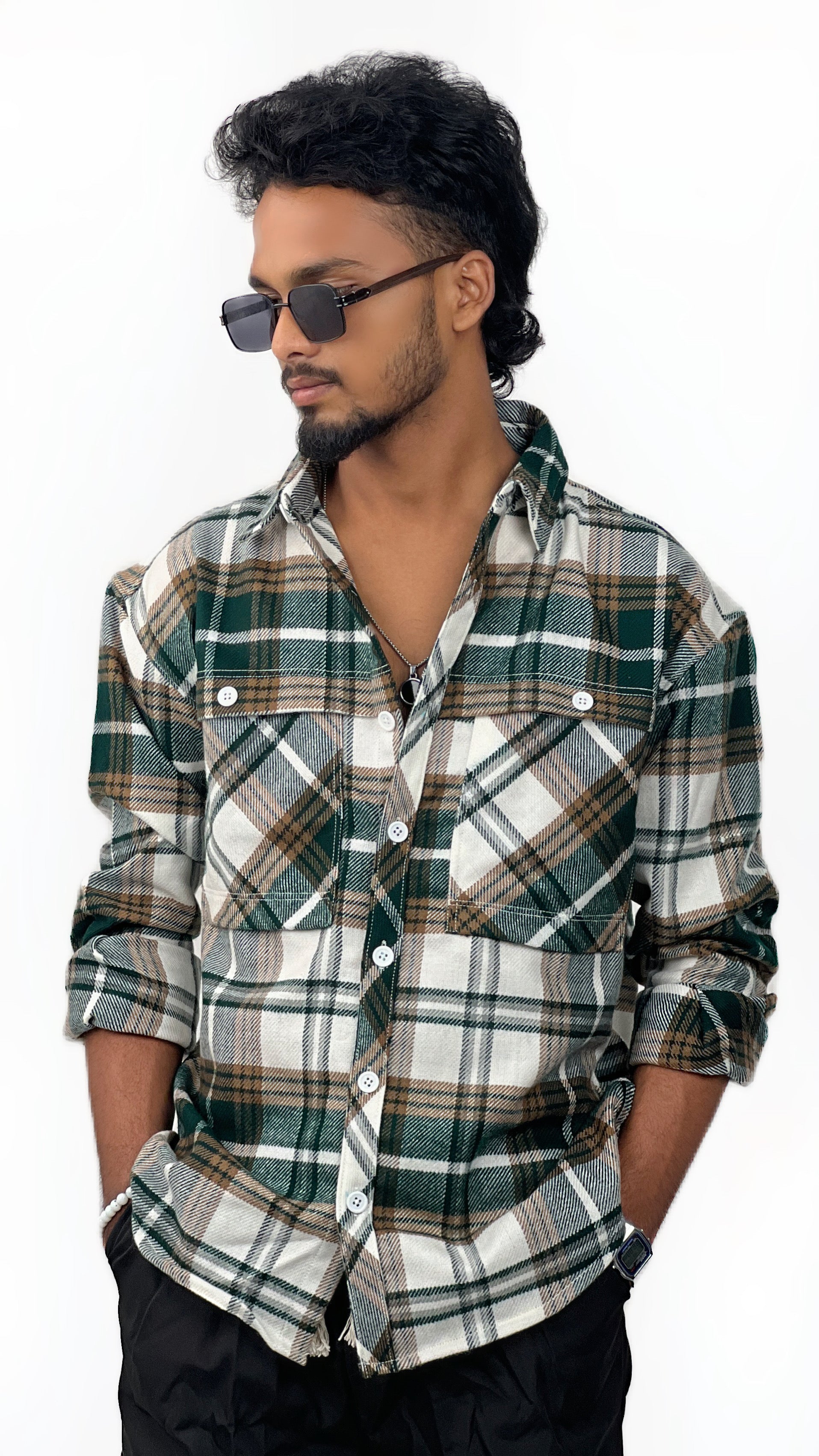 PRINTED BRUSH CHECKED SHIRT-GREEN