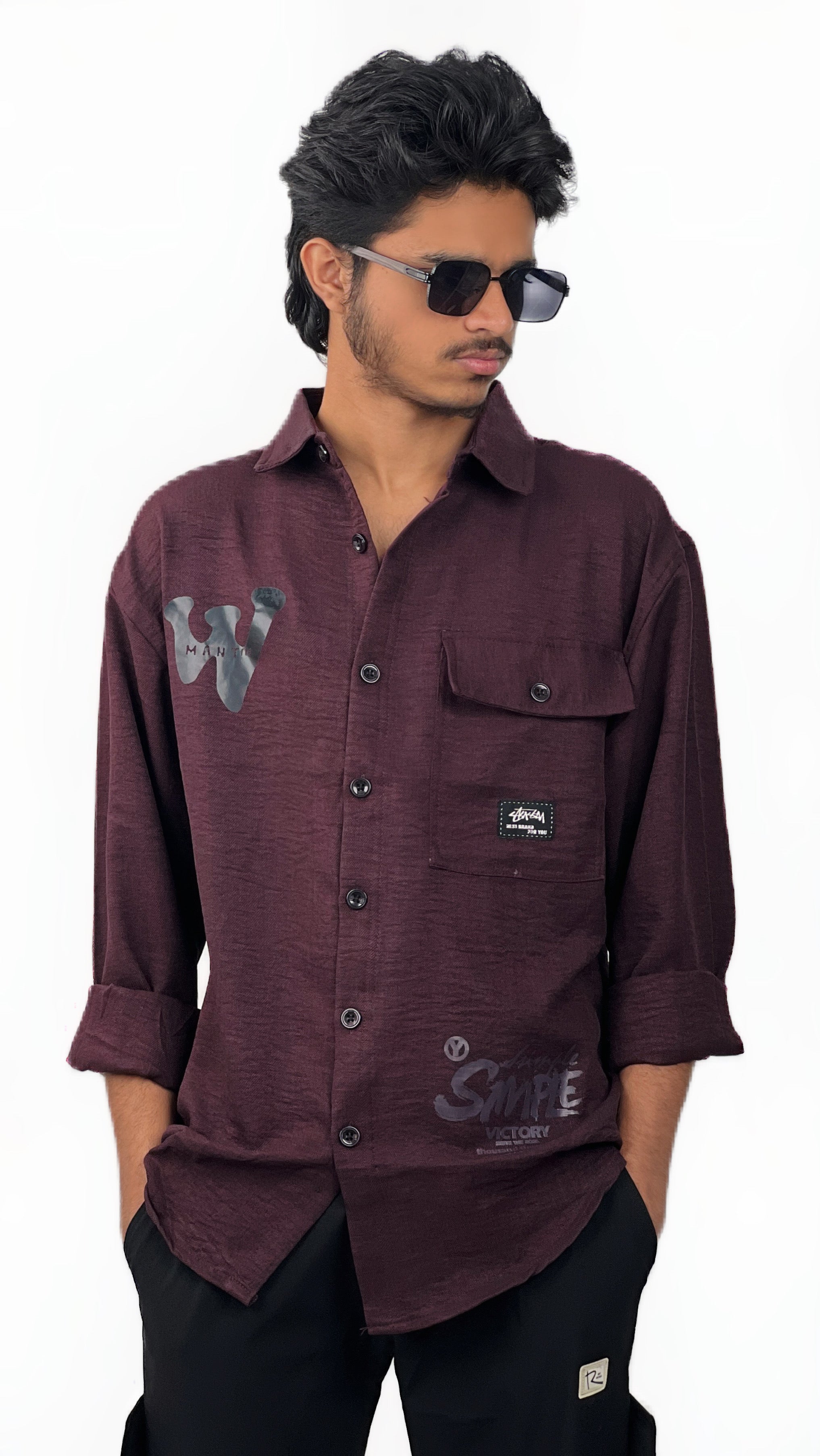 LOOSE FABRIC BACK PRINTED SHIRT-WINE