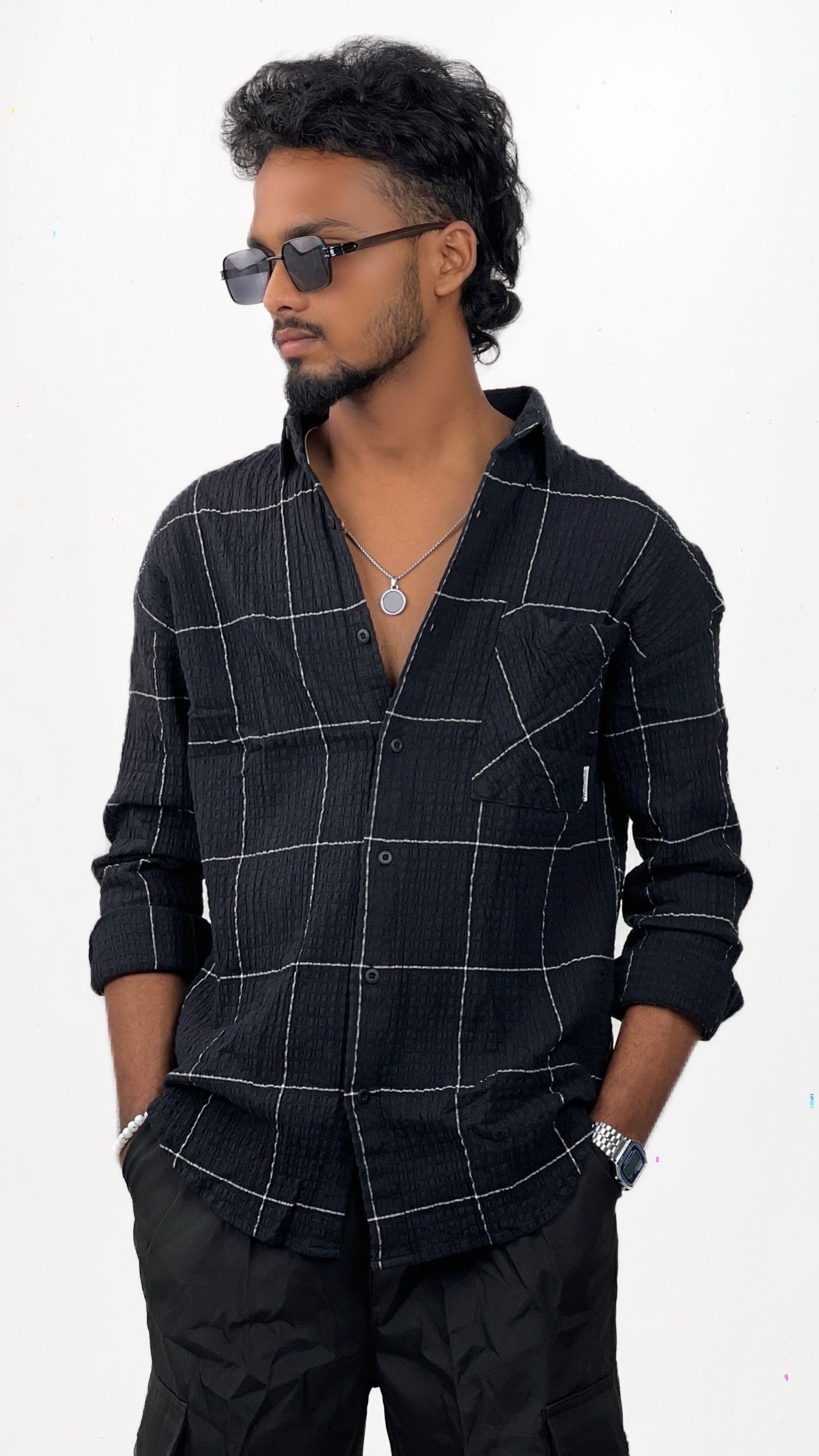 R&amp;D STRIPE TEXTURED SHIRT-BLACK