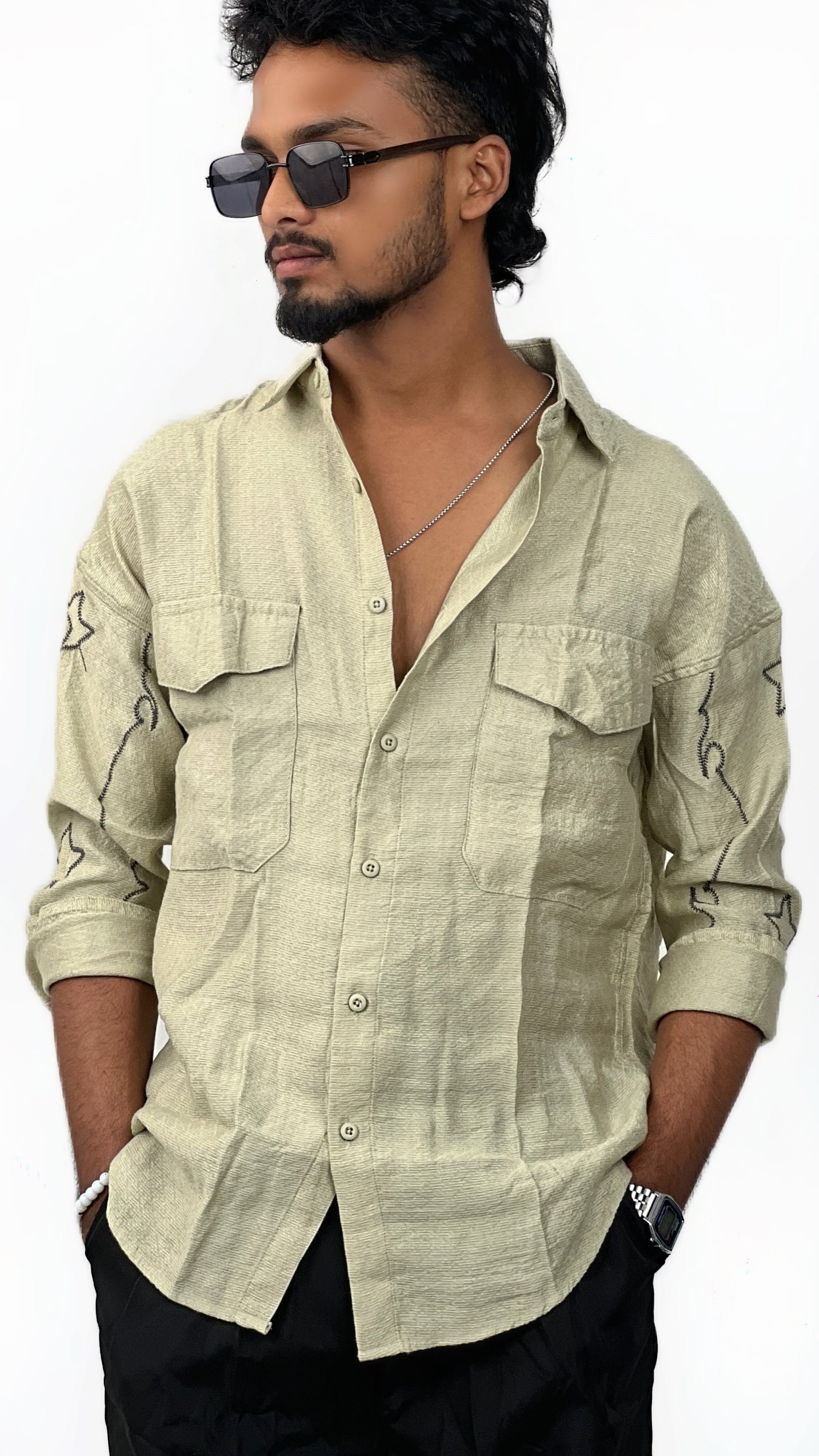 R&amp;D DOUBLE POCKET TEXTURED SHIRT-GREEN