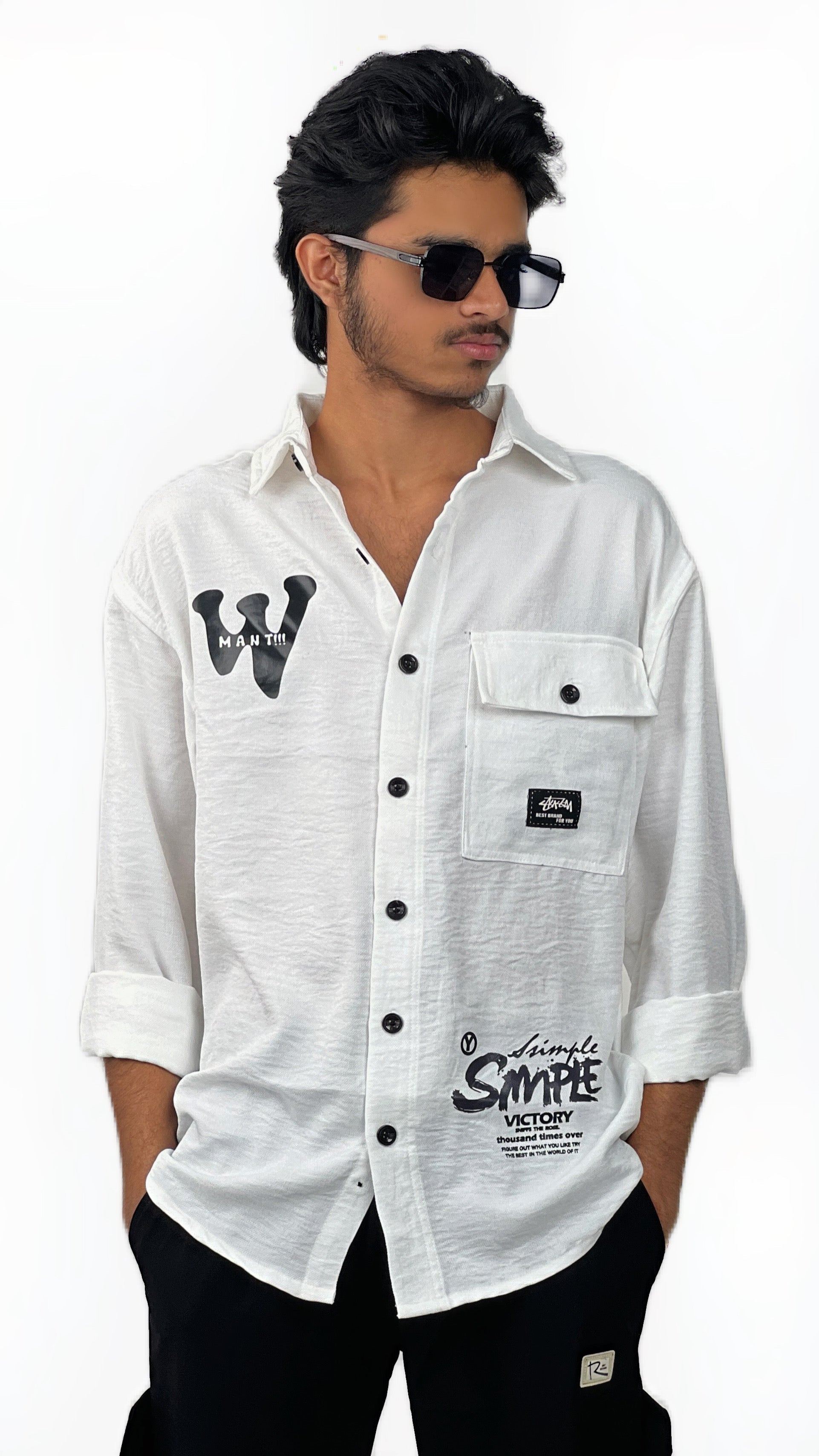 LOOSE FABRIC BACK PRINTED SHIRT-WHITE