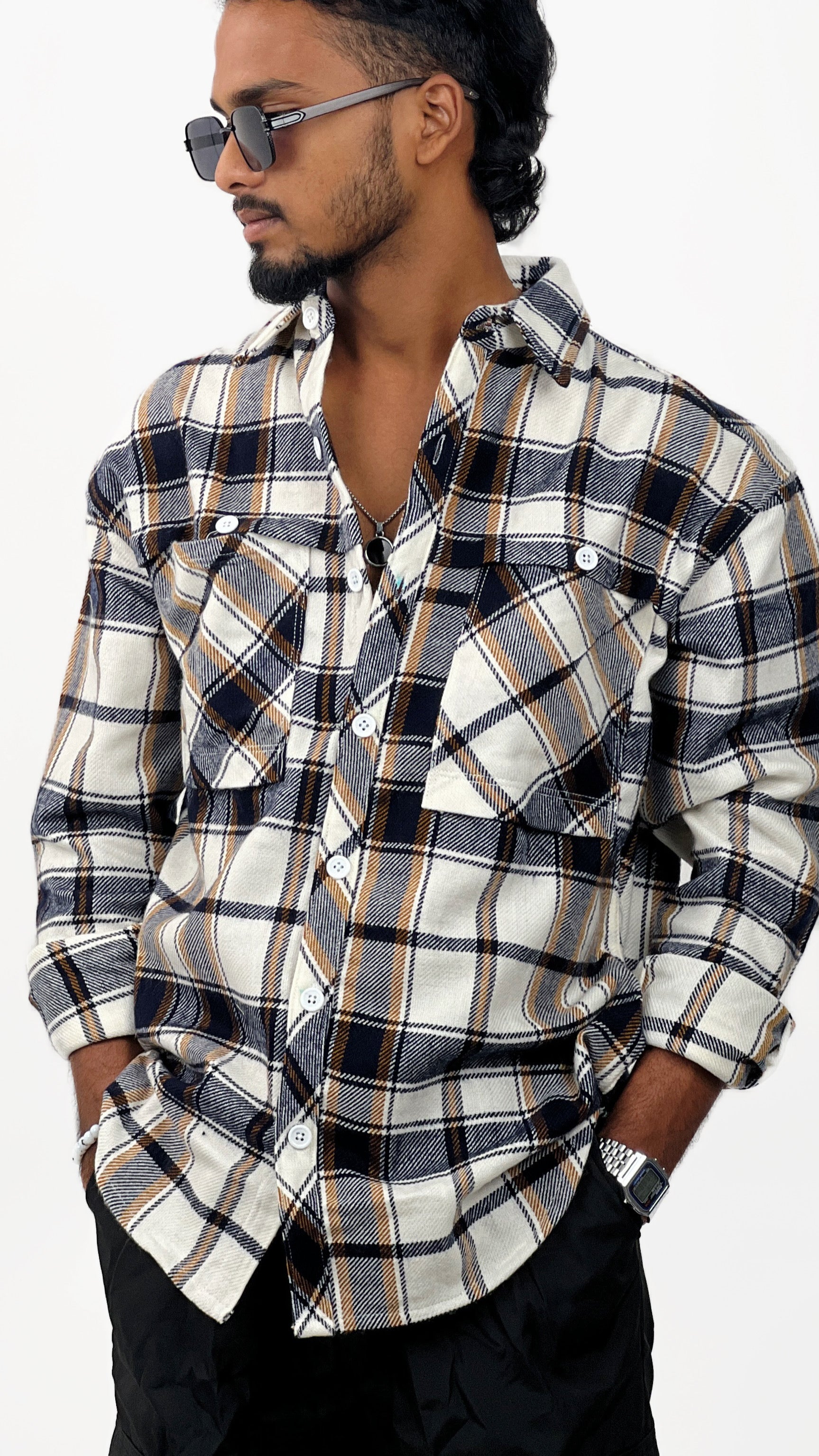 PRINTED BRUSH CHECKED SHIRT-BLUE OCHER