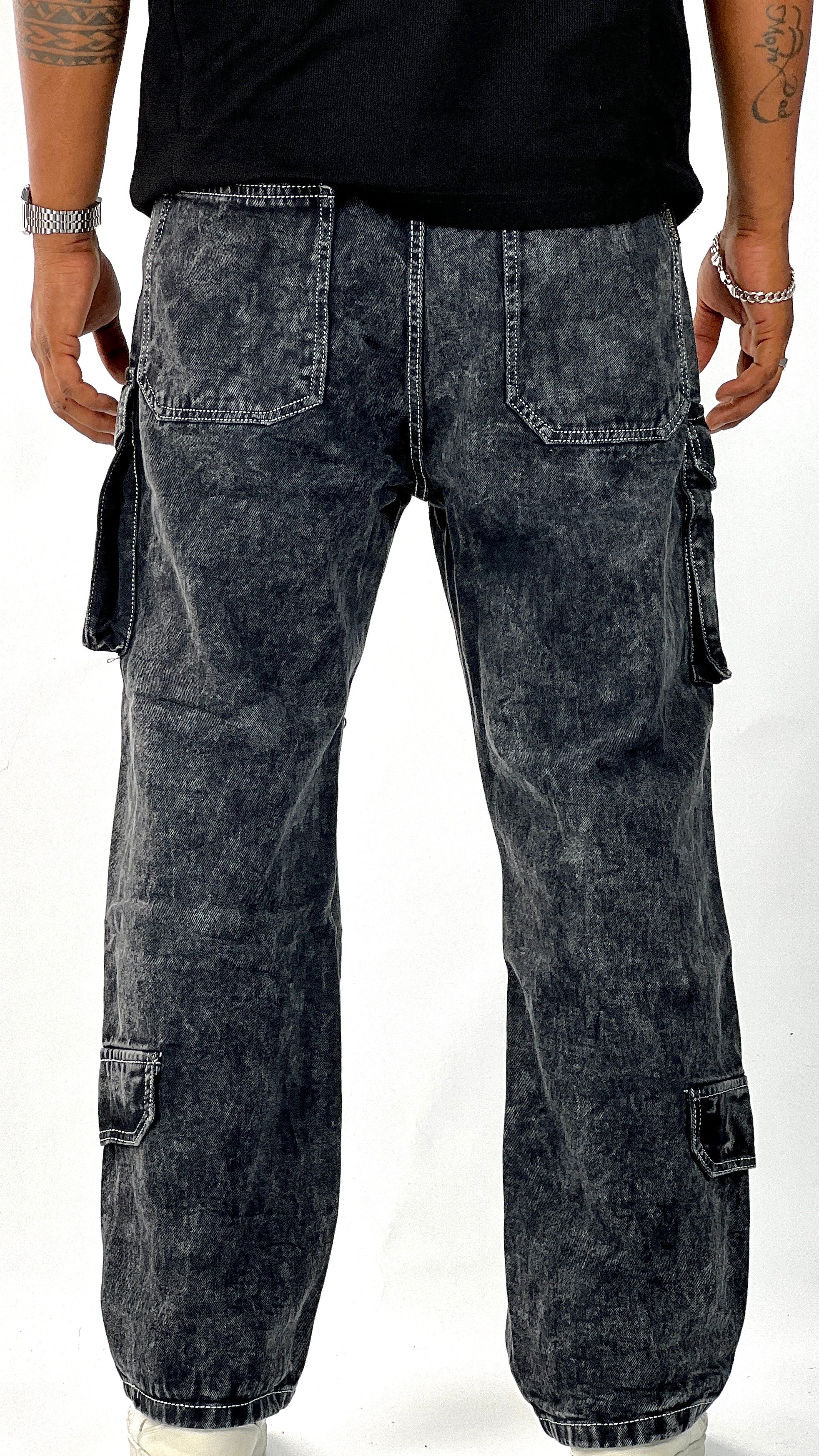 GRAY WASH BAGGY CARGO WITH KNEE ZIPPER