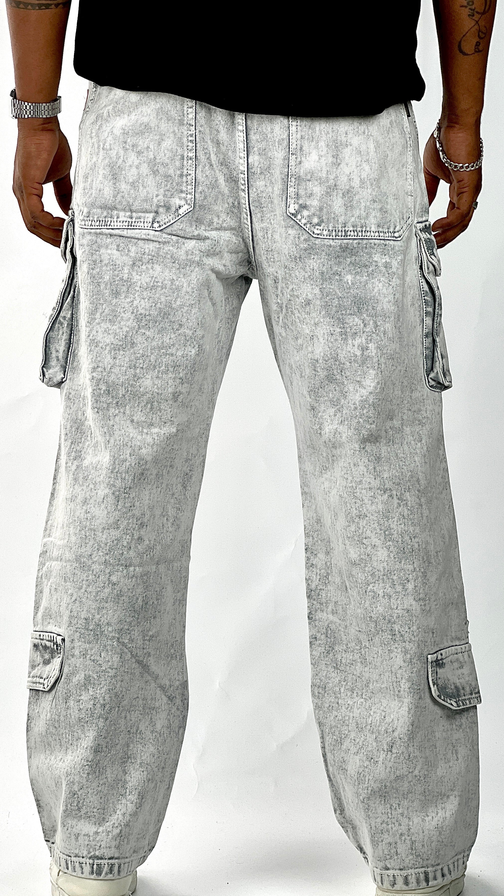 GRAY WASH BAGGY CARGO WITH KNEE ZIPPER