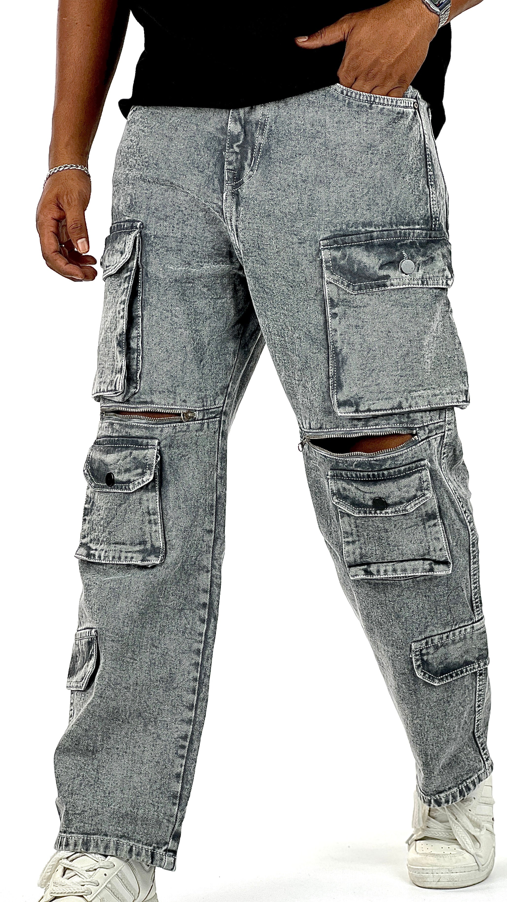 GRAY WASH BAGGY CARGO WITH KNEE ZIPPER