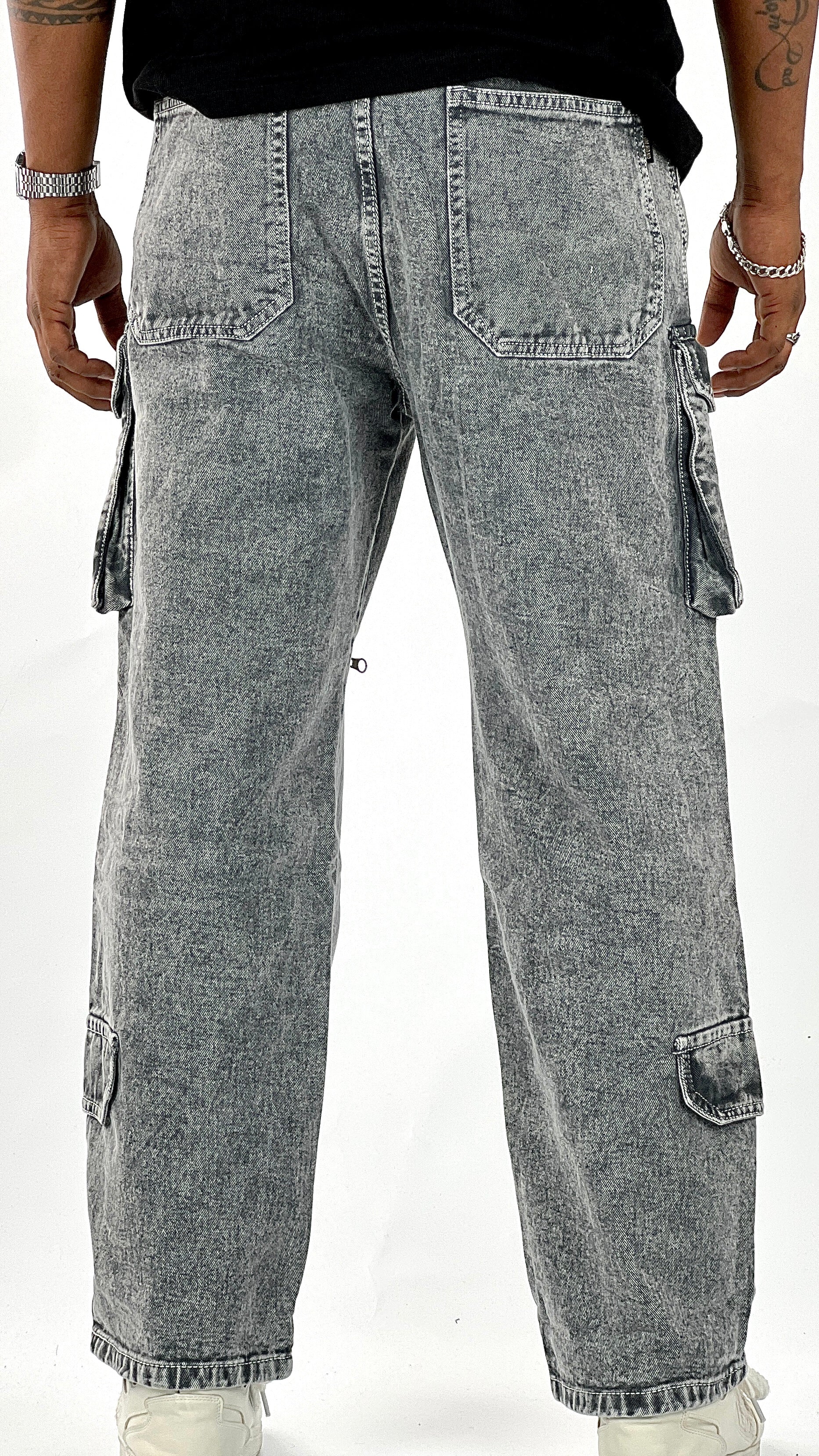 GRAY WASH BAGGY CARGO WITH KNEE ZIPPER